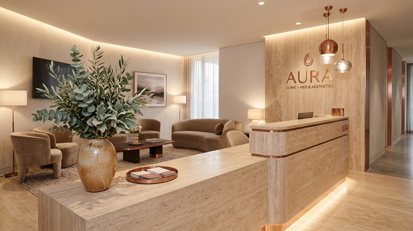 Recepção e lounge de clínica contemporânea de alto padrão com travertino e iluminação acolhedora